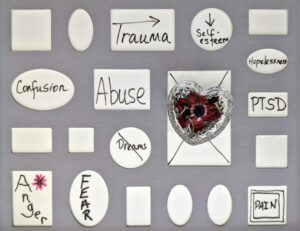 A collage featuring white ceramic tiles with words related to trauma, such as "Abuse," "PTSD," "Fear," and "Pain," written in black. In the center, a glass heart with a pressed red flower rests on an envelope, symbolizing emotions and healing amidst distress.